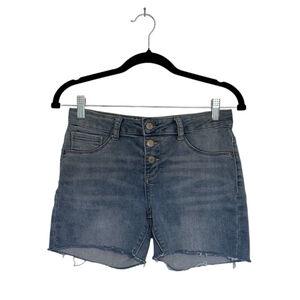 Hippie Girl Denim Shorts Size 14 Button Fly Raw Hem Mid Rise Stretch Bermuda